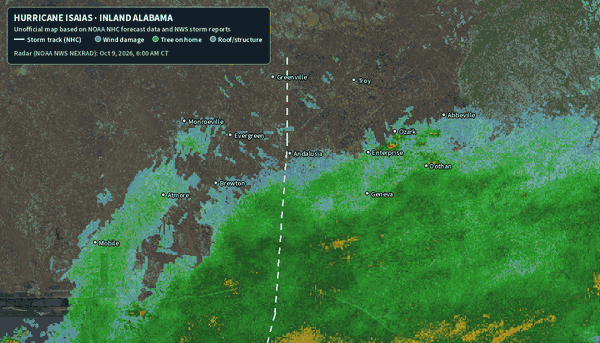 Animated unofficial map of inland Alabama showing the Hurricane Isaias track, NWS radar replay and NWS storm damage reports